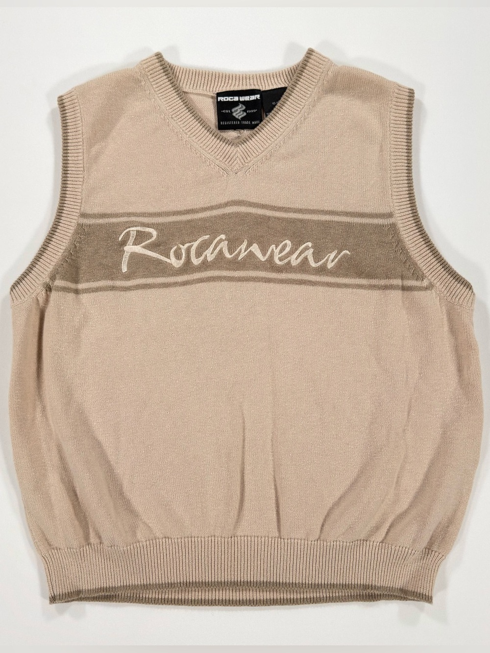 Rocawear Vintage Y2K Boys M 10/12 Sweater Vest Knit Spell Out Tan Beige Cotton